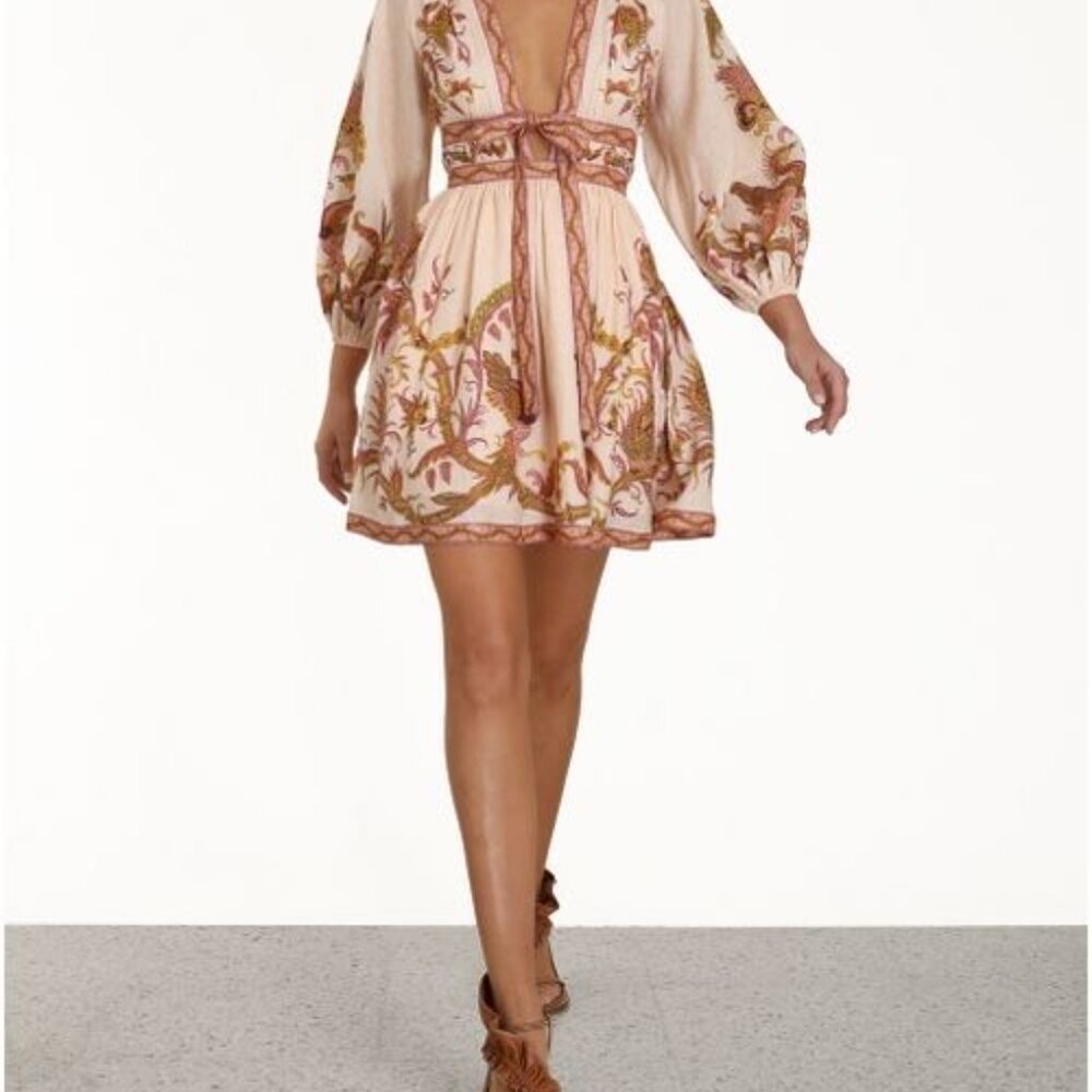 Zimmermann Cassia Plunge Bow Floral Linen Mini Dress Boho Chic Size 1 (US 6)